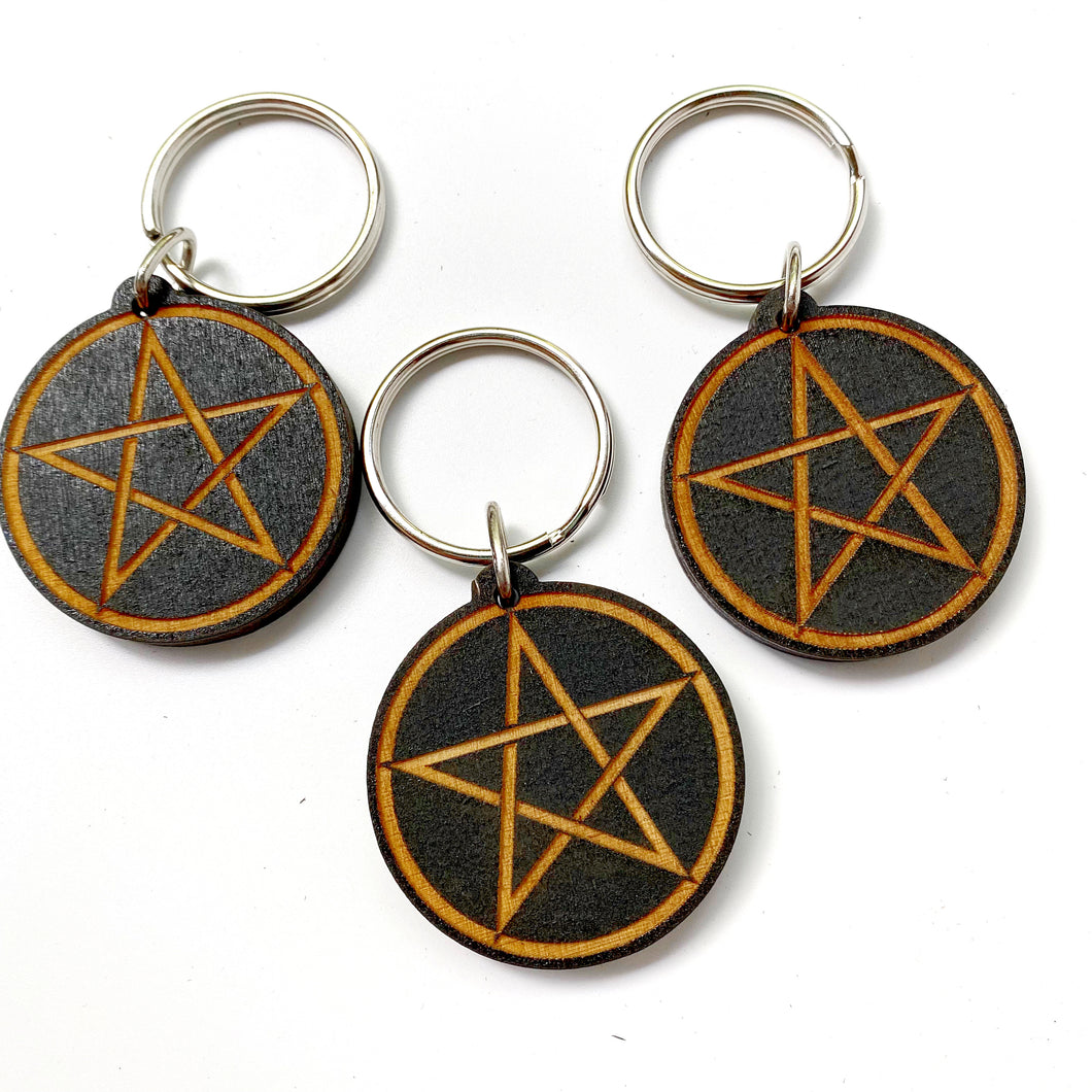 Engraved Wood Pentacle Keychain